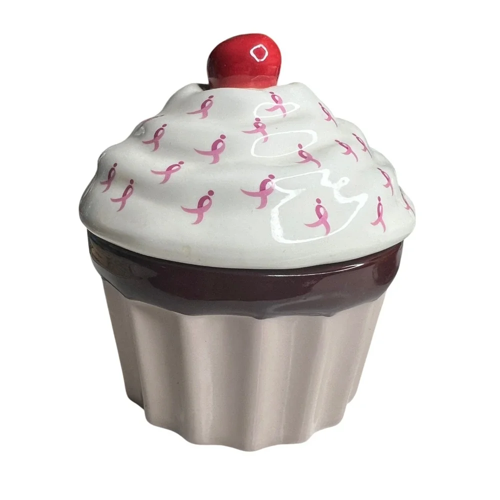 Retired Pandora Breast Cancer Ribbon Cupcake Ceramic Trinket Jewelry Box Pink
